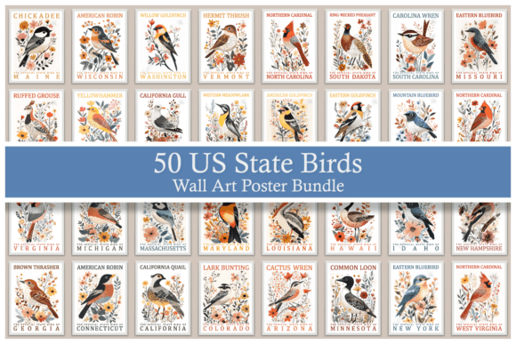 Download 50 US State Birds Wall Art Poster Bundle - Art Collection